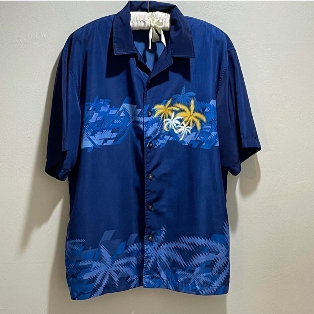 Vintage C-Two Hawaiian Shirt Size XL Blue Polyester Palm Graphic Print